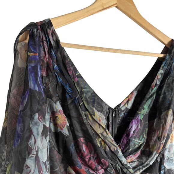 Marchesa Notte Metallic Floral Print Pleated Tulle V-Neck Cocktail Gown Size 8 - Picture 7 of 16